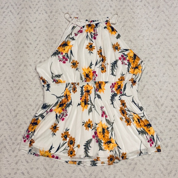 Express Tops - Express Floral Halter Top Women Large Smocked Peplum Waist Cream Yellow Girly